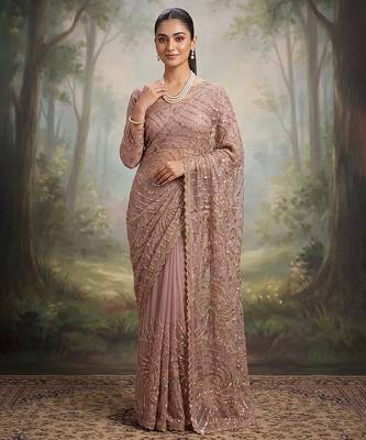 Pink embroidered soft foil georgette saree 1