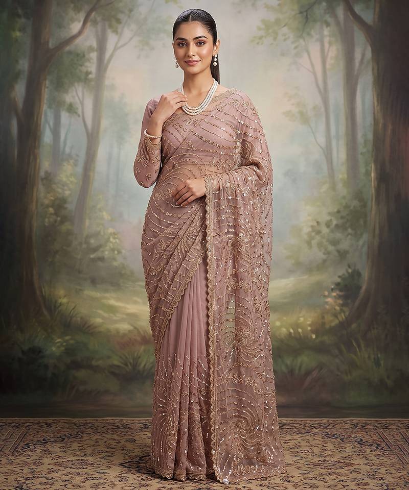 Pink embroidered soft foil georgette saree