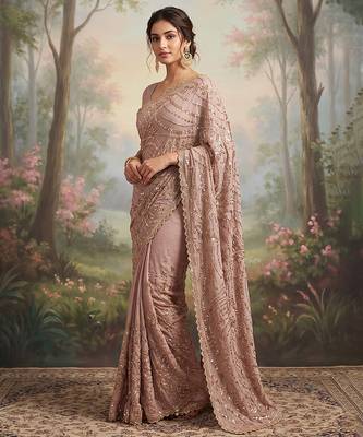 Pink embroidered soft foil georgette saree 4