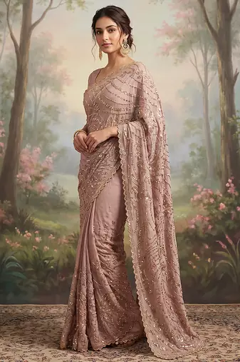 Pink embroidered soft foil georgette saree