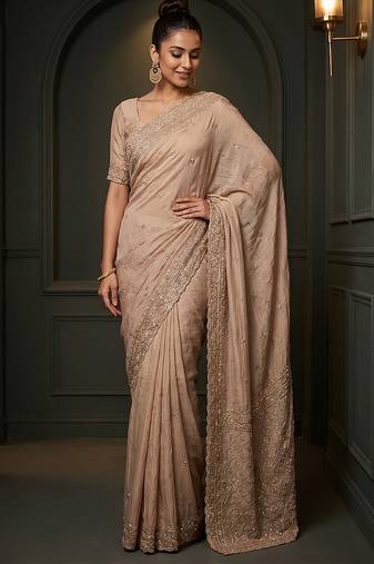 Beige embroidered soft foil georgette saree