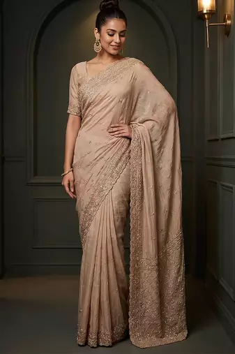 Beige embroidered soft foil georgette saree