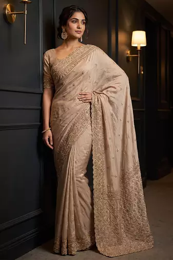 Beige embroidered soft foil georgette saree