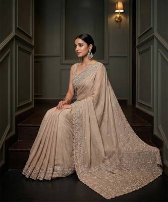 Beige embroidered soft foil georgette saree 3