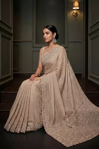 Beige embroidered soft foil georgette saree