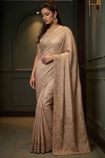 Beige embroidered soft foil georgette saree