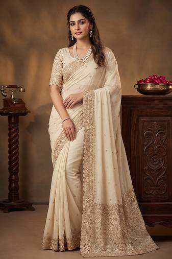 Cream embroidered soft foil georgette saree