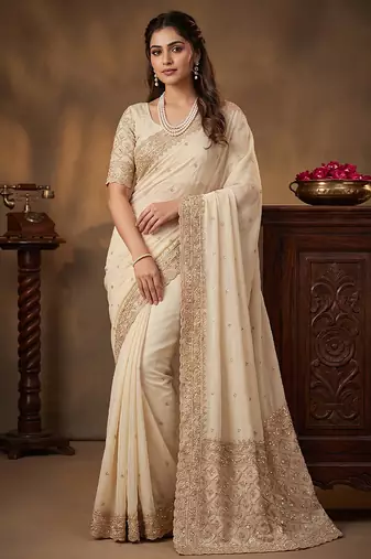 Cream embroidered soft foil georgette saree