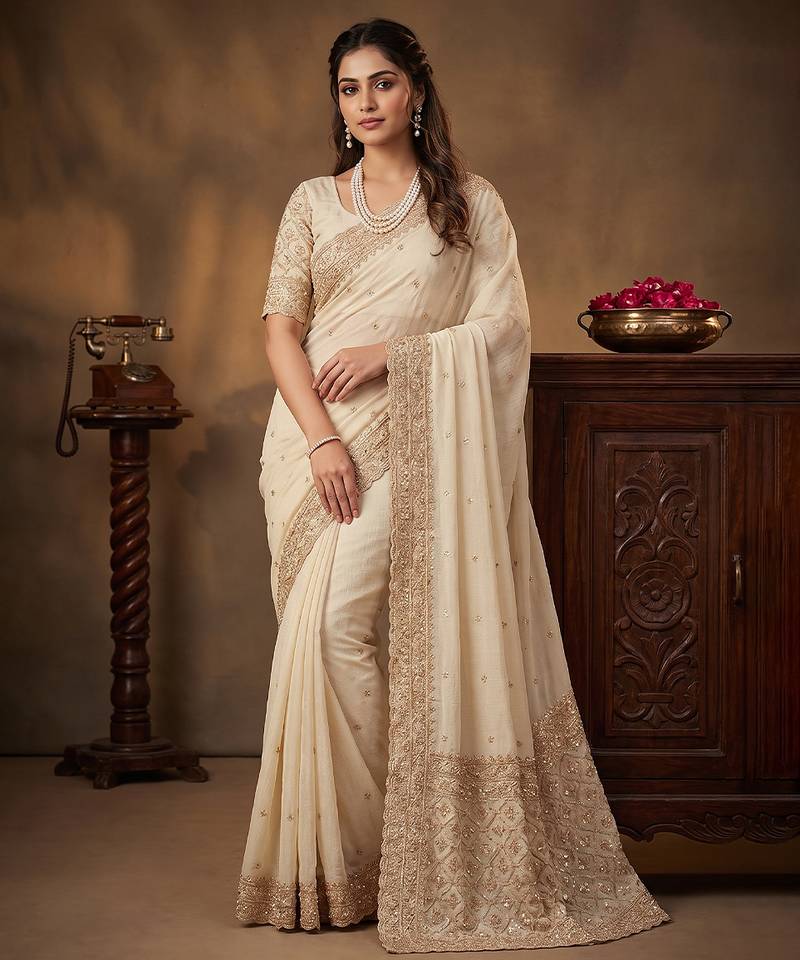 Cream embroidered soft foil georgette saree