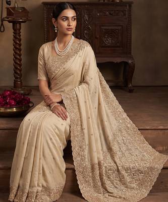 Cream embroidered soft foil georgette saree 2