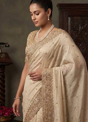 Cream embroidered soft foil georgette saree 3