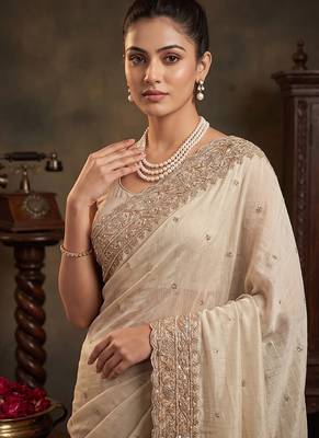 Cream embroidered soft foil georgette saree 4