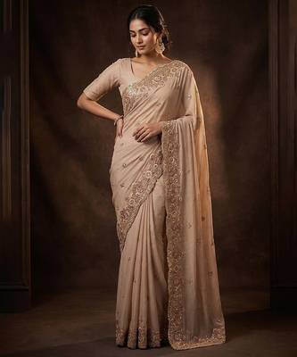 Beige embroidered soft foil georgette saree 1