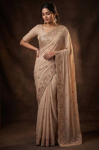Beige embroidered soft foil georgette saree