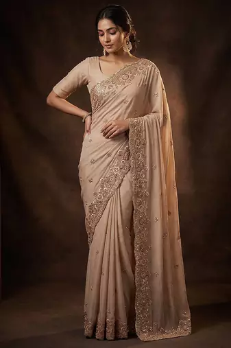 Beige embroidered soft foil georgette saree