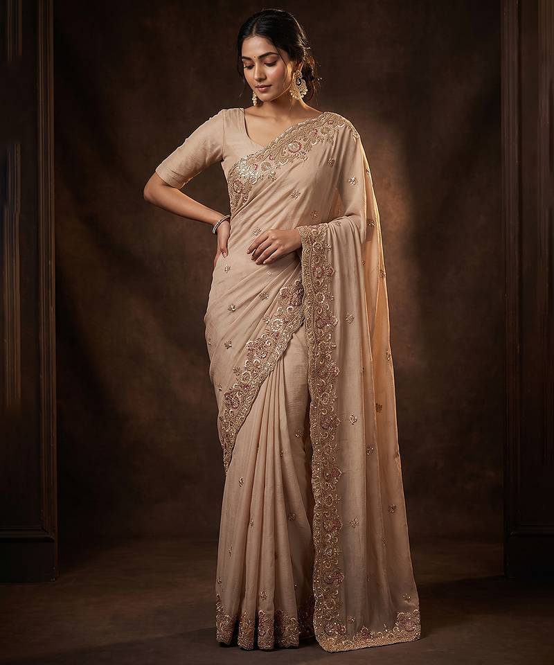 Beige embroidered soft foil georgette saree