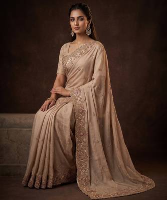Beige embroidered soft foil georgette saree 2