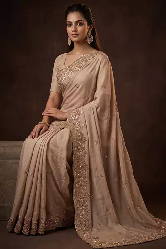 Beige embroidered soft foil georgette saree