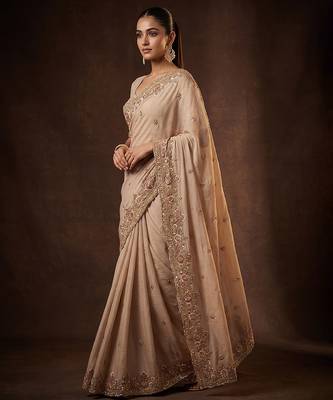 Beige embroidered soft foil georgette saree 4