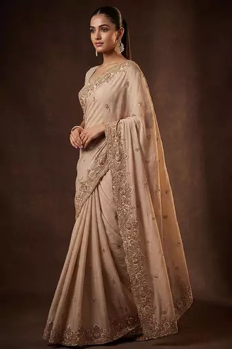 Beige embroidered soft foil georgette saree