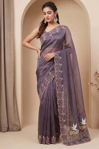 Wine embroidered chiffon saree