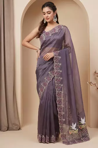 Wine embroidered chiffon saree