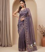 Wine embroidered chiffon saree