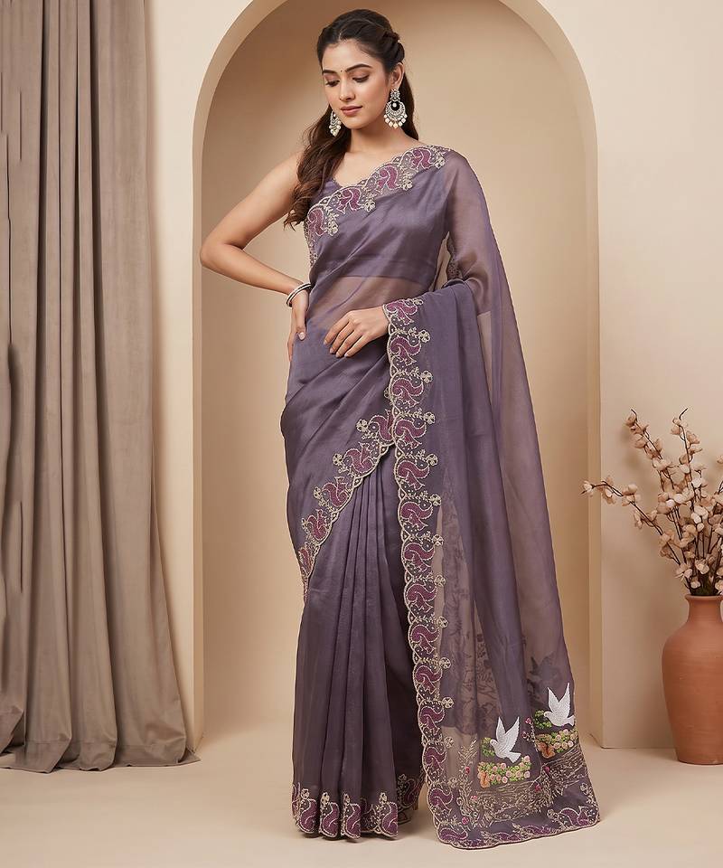 Wine embroidered chiffon saree