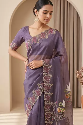Wine embroidered chiffon saree