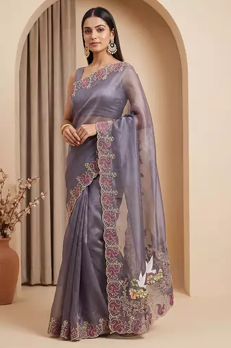 Wine embroidered chiffon saree