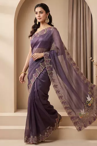 Wine embroidered chiffon saree