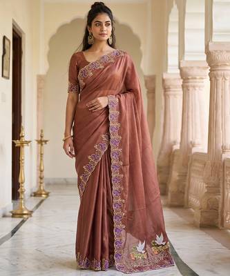 Brown embroidered chiffon saree 1