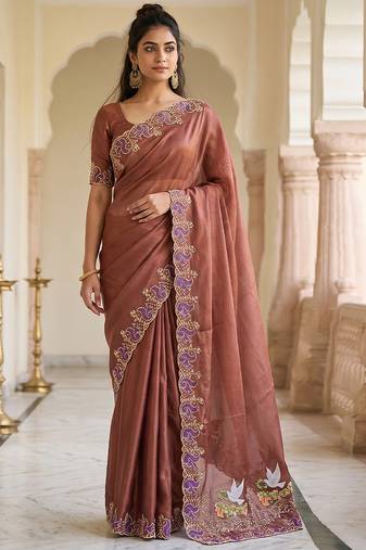 Brown embroidered chiffon saree