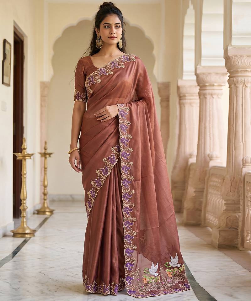 Brown embroidered chiffon saree