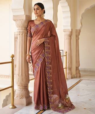 Brown embroidered chiffon saree 3