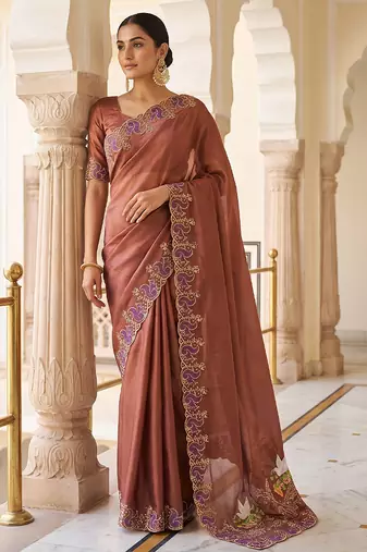 Brown embroidered chiffon saree