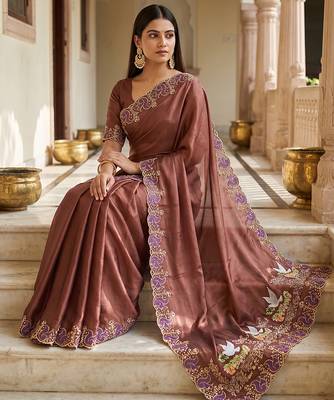 Brown embroidered chiffon saree 4