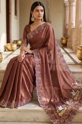 Brown embroidered chiffon saree