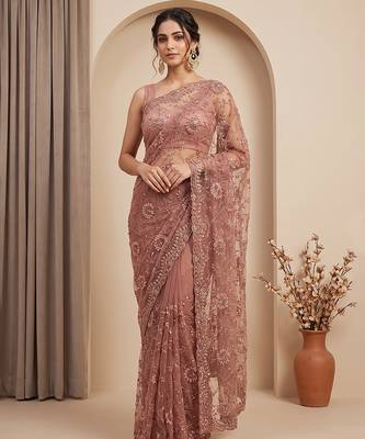 Rose pink embroidered net saree 1