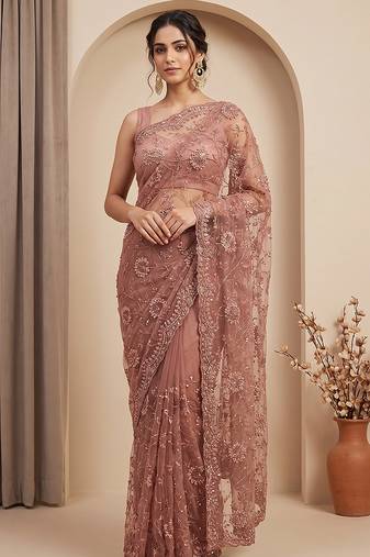 Rose pink embroidered net saree