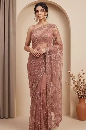 Rose pink embroidered net saree