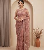 Rose pink embroidered net saree