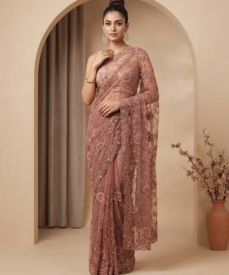 Rose pink embroidered net saree 2