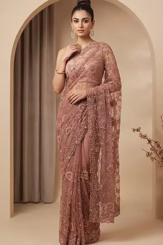 Rose pink embroidered net saree