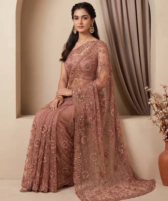 Rose pink embroidered net saree 3