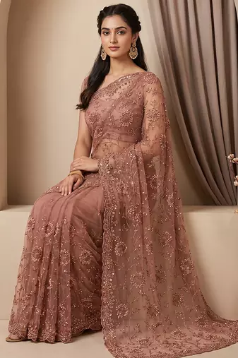 Rose pink embroidered net saree