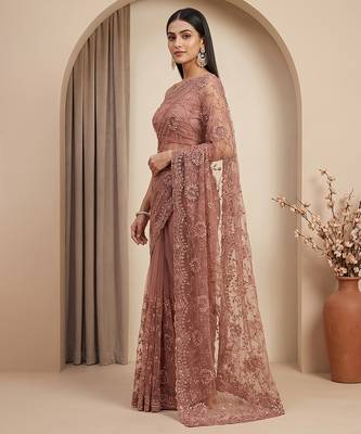 Rose pink embroidered net saree 4