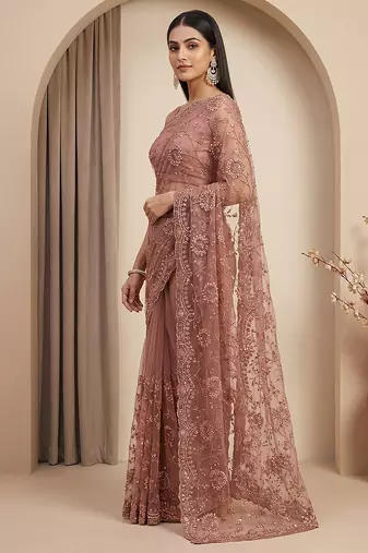Rose pink embroidered net saree