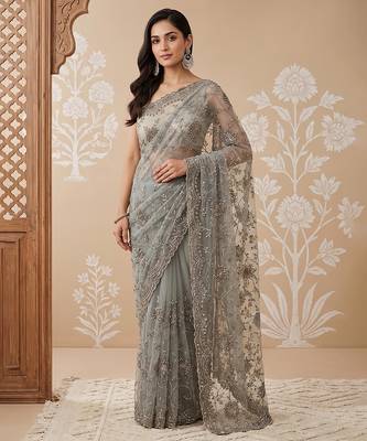 Pista green embroidered net saree 1