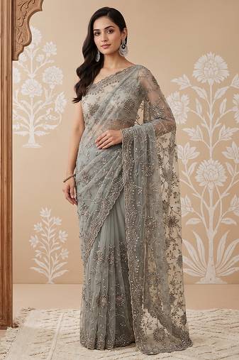 Pista green embroidered net saree